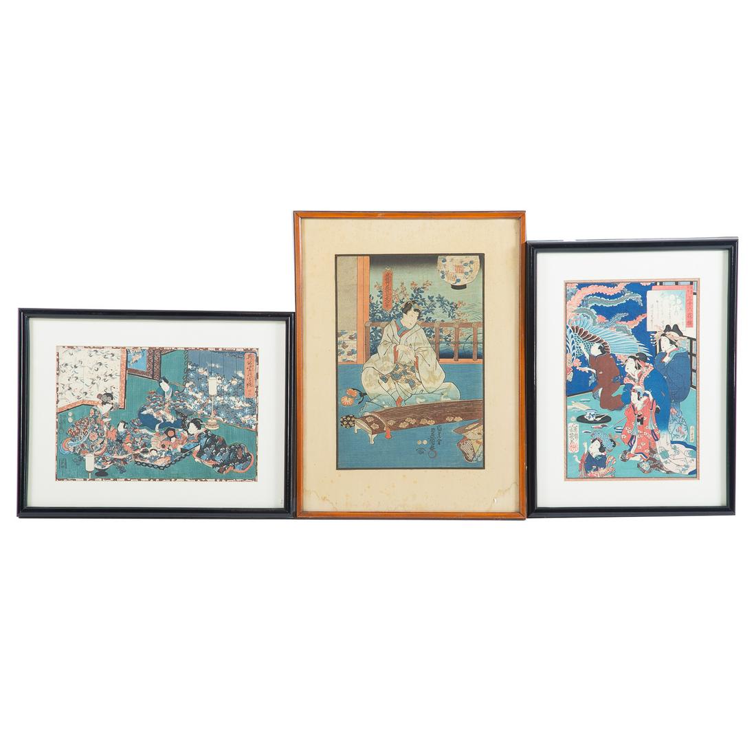 Three Edo Period Ukiyo-e Color Woodblock Prints: 1.) Yoshiku Utagawa (1833-1904). Admiring the Painter, oban format, sight size: 9 x 14 in., framed 2.) Toyokuni III (1807-1865). Domestic Interior Scene, oban format, sight size: 9 x 13 1/2 in., frame