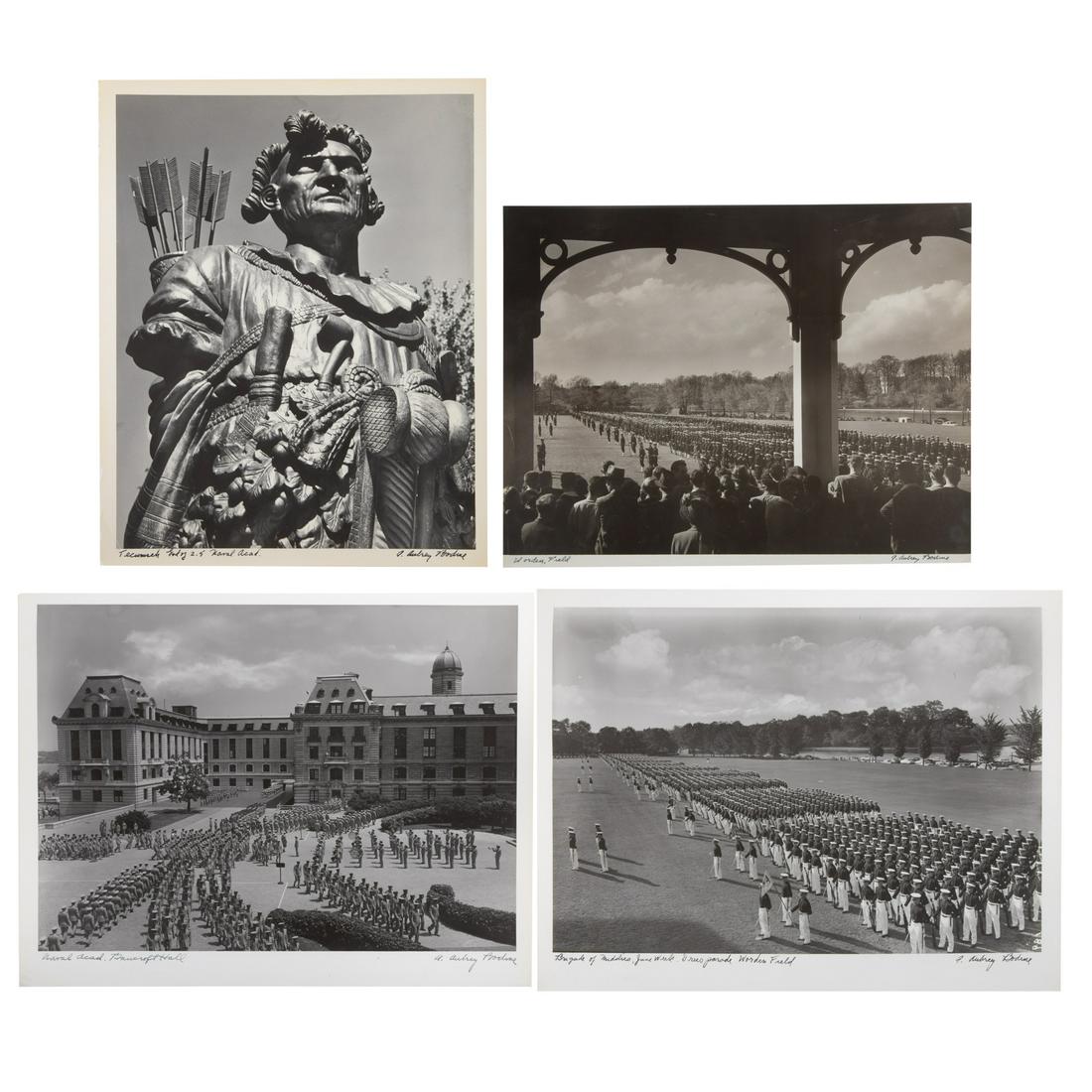 A. Aubrey Bodine. Four Naval Academy photographs: (American, 1906-1970). "Brigade of Middies, June Week, Dress Parade, Worden Field," Bancroft Hall," "Worden Field," and "Tecumseh," four gelatin silver prints, each signed "A. Aubrey Bodine" lr, all t