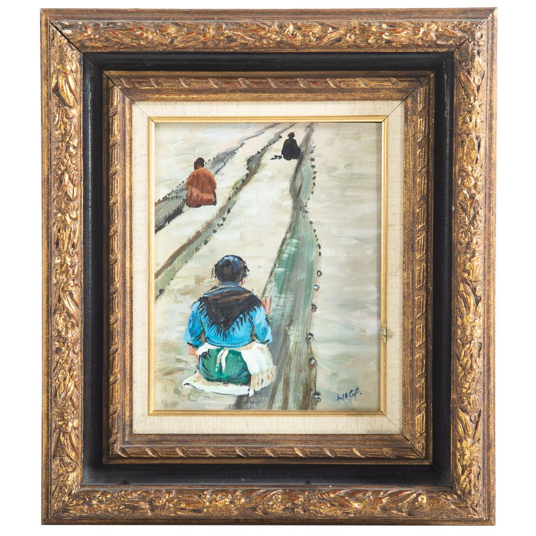 Hamilton Wolf. Three Figures in a Landscape: (American,1883 - 1967). Oil on masonite, signed "Wolf" lr, 10 x 8 in., framed.