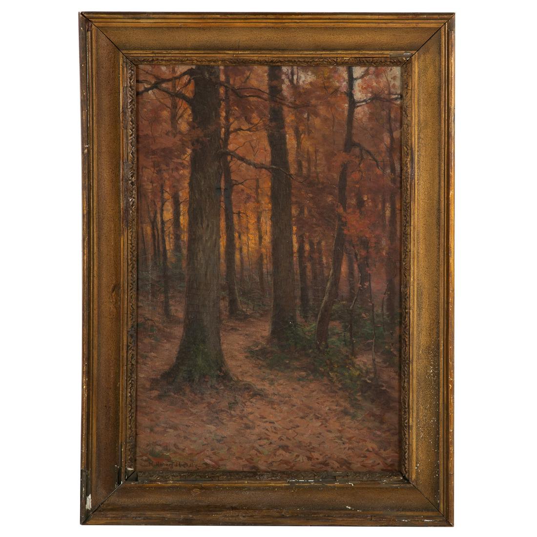 Henry Hobart Nichols. Autumnal Forestscape, oil: (American, 1869-1962). Oil on canvas, signed "H. Hobart Nichols" ll, 28 x 19 in., framed.