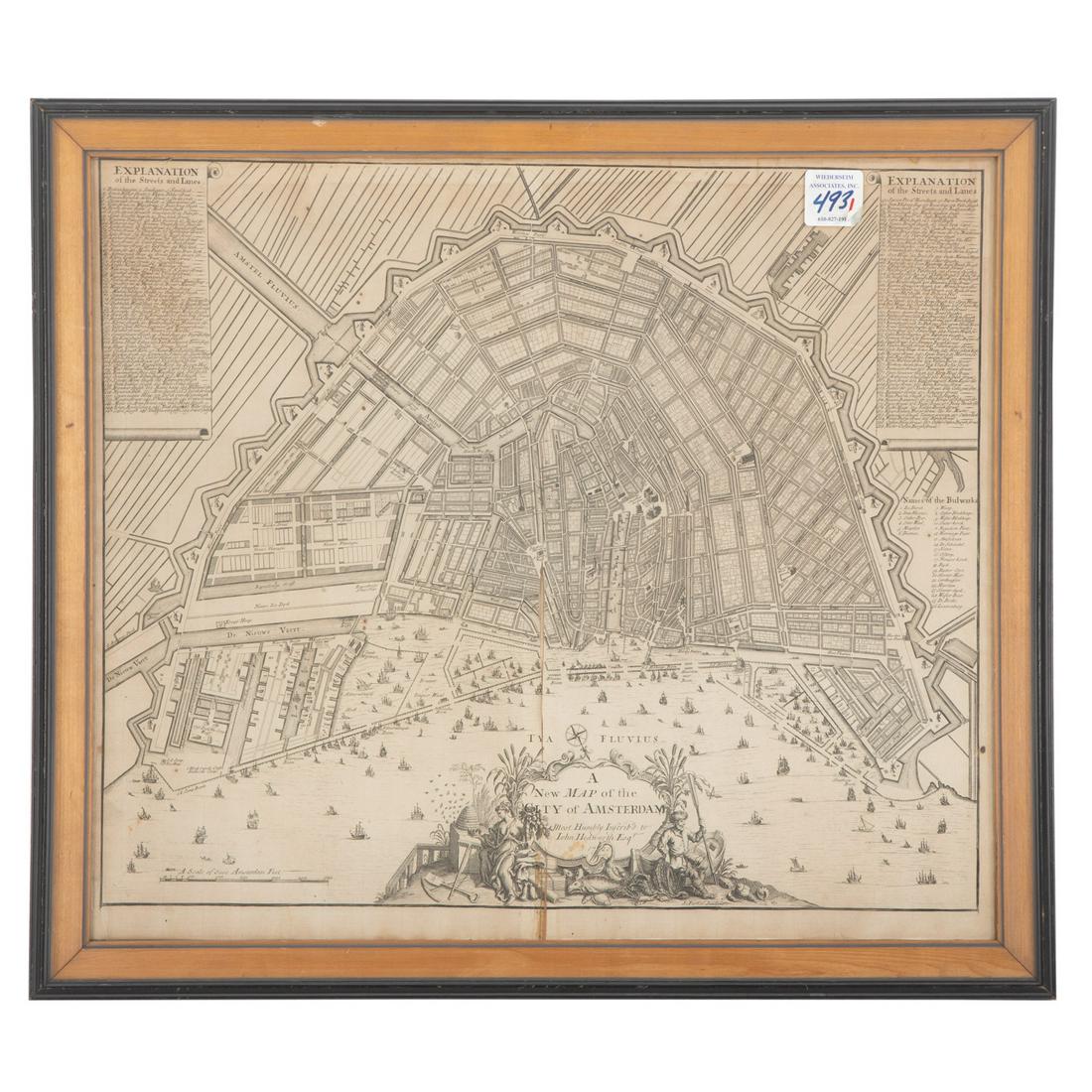 John Senex. Engraved Map of Amsterdam: (British, c.1678-1740). "A New Map of the City of Amsterdasm, Most Humbly Inscrib'd to John Hedworth, Esq." 1720, sight size: 20 1/4 x 23 1/4 in., framed