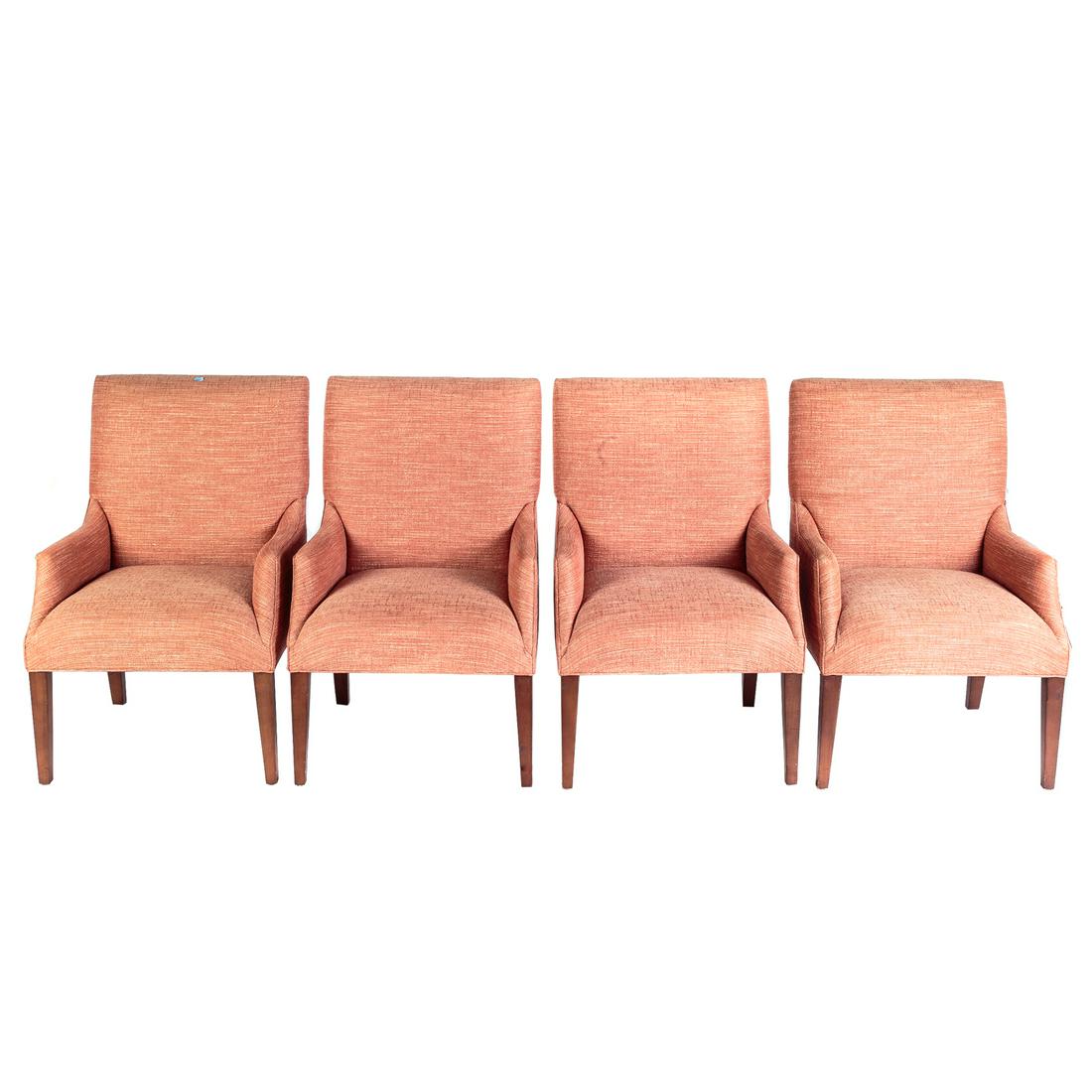 Set of Four Cox Upholstered Arm Chairs: With Thom Filicia upholstery, 38 1/2 in. H., 24 1/2 in. W., 22 in. D. Morgan Truesdell Interiors, Lutherville, MD, 2015.