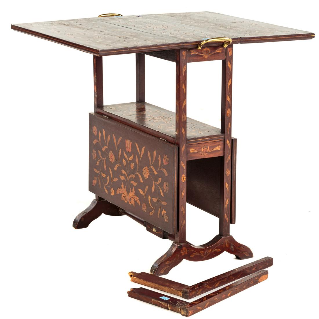 Dutch Marquetry Two-Tier Drop Leaf Table: Antique marquetry inlaid mahogany table. 25 in. H., 8 in. W., 25 in. D., with four 10 in. drop leaves. Purchased from The Antique Collection in Baton Rouge, LA for $1,300.