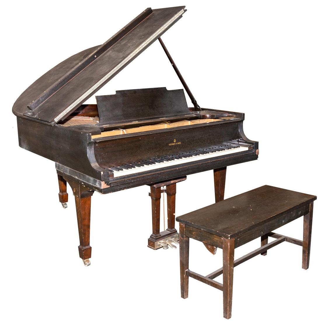 Steinway & Sons Grand Model M Piano: Circa 1926; Steinway & Sons model M piano, mahogany case, Serial # 243821, includes a piano bench. 20 in. H., 36 in. W., 15.5 in. D. Estate of Amelia Trevelyan, Art Historian and noted scholar of the