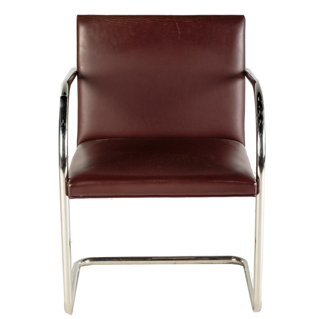 Knoll Contemporary Leather & Chrome Arm Chair: Tubular Brno Chair, designed by Ludwig Miles Van Der Rohe for Knoll. 31 in. H., 22 in. W., 20 in. D.