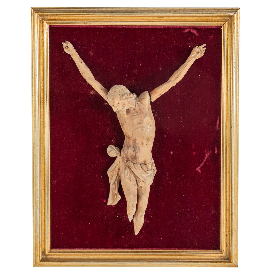 Continental Carved Figure of Crucified Christ: 17th century, or earlier; fragmentary figure of Christ with out stretched arms, in velvet and giltwood frame, frame - 11 x 14 in. Coale-Sappington Family of Libertytown, MD.