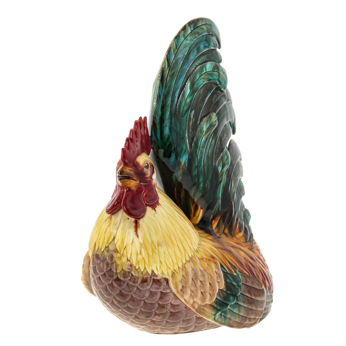French Majolica Rooster,by Theodore Deck: (French, 1823-1891). Vividly decorated majolica rooster egg holder, impressed mark, 16 in. H.