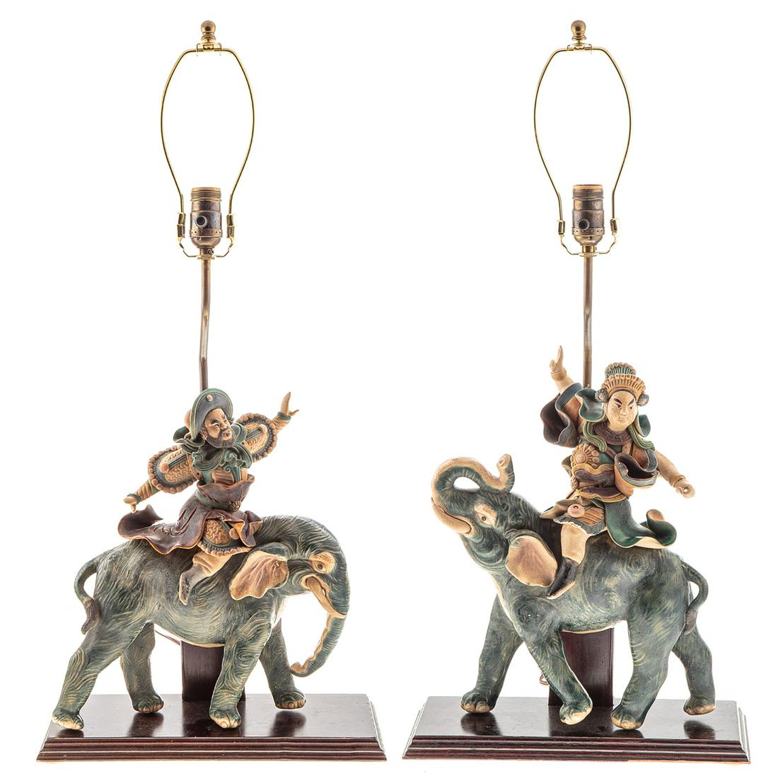 Pair of Chinese Terracotta Roof Tile Lamps: Each modeled as warrior riding elephant, mounted on wood base with brass lamp element, figure - 13 in. H.