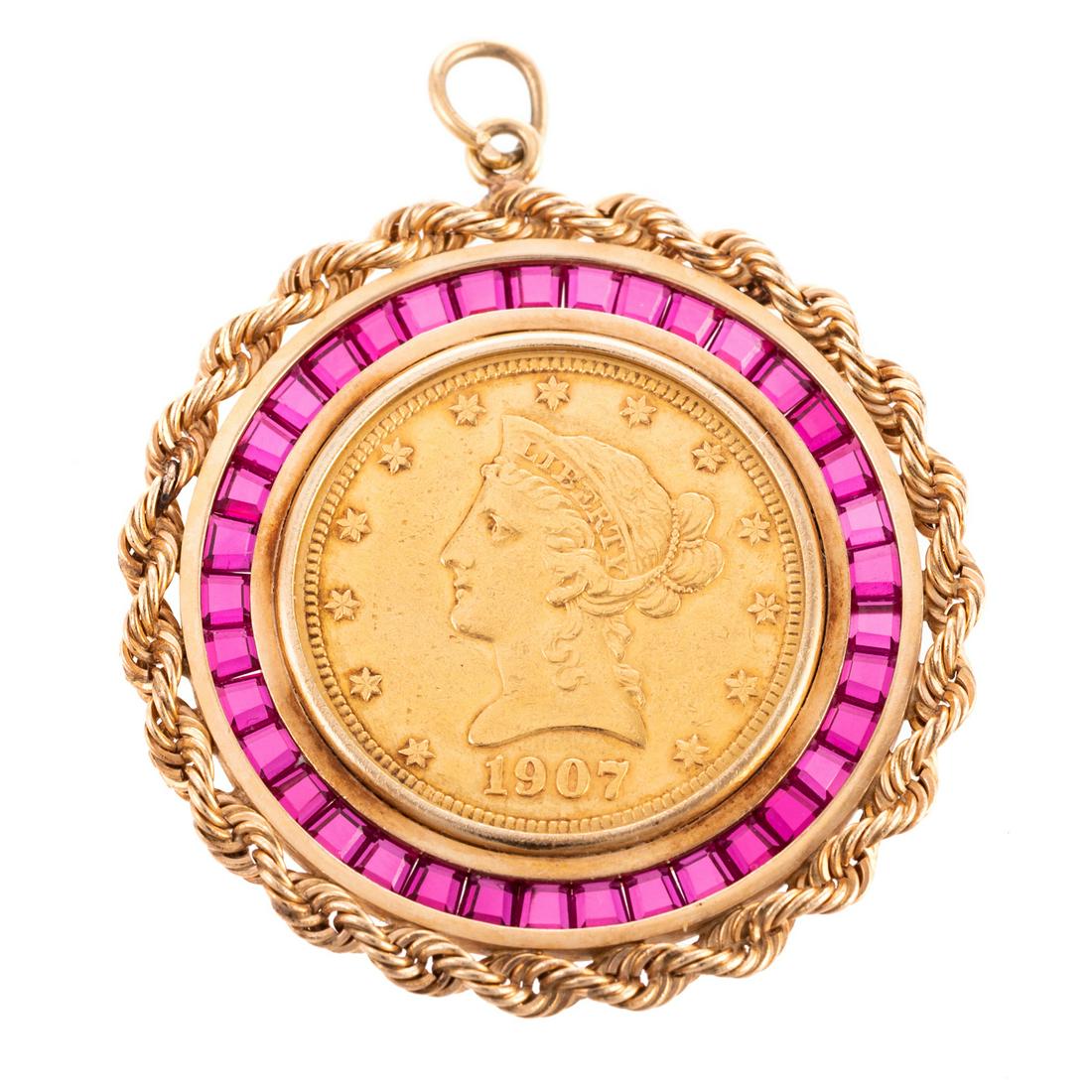 A 1907 $10 Gold Coin in Ruby Bezel (1 of 6)