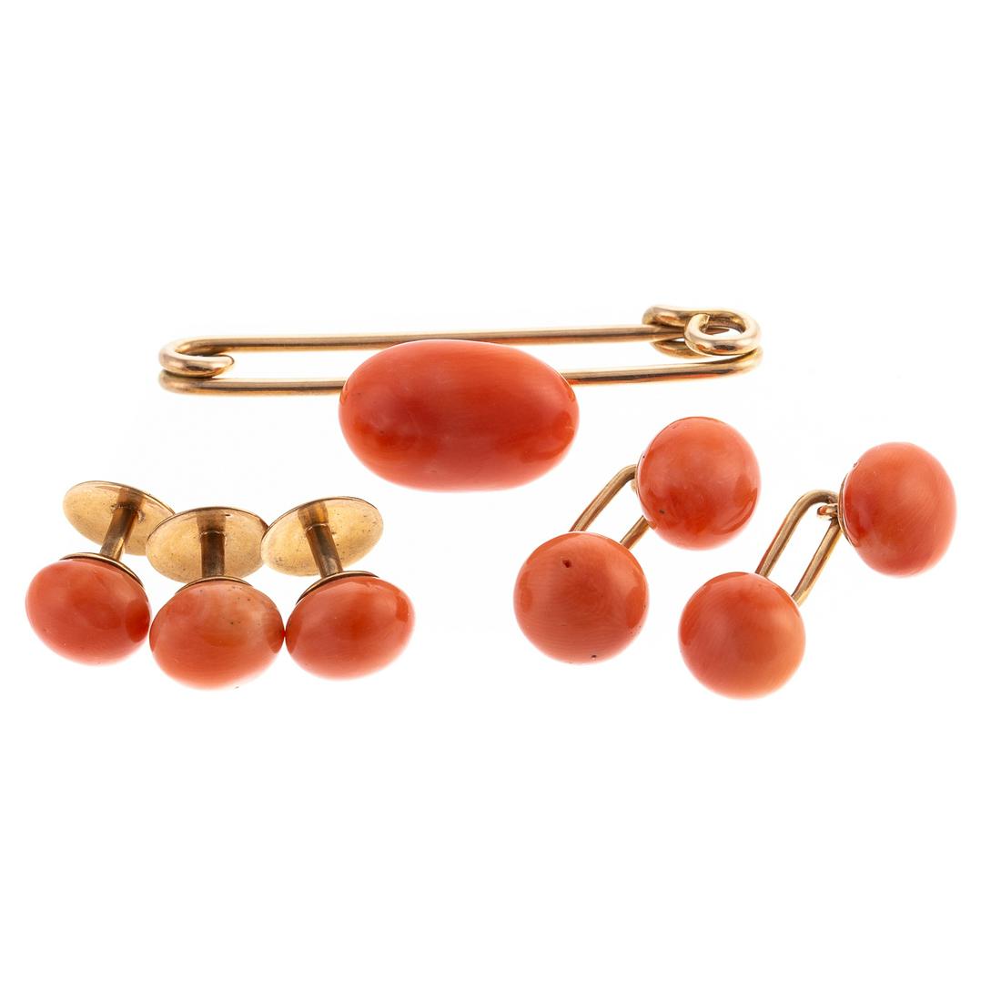 A 14K Antique Coral Stud & Cufflinks Set & 14K Pin (1 of 5)