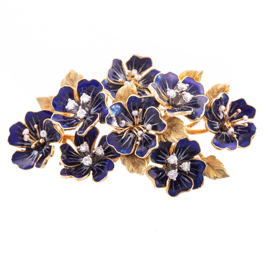 A Blue Enamel & Diamond Flower Brooch in 18K (1 of 5)
