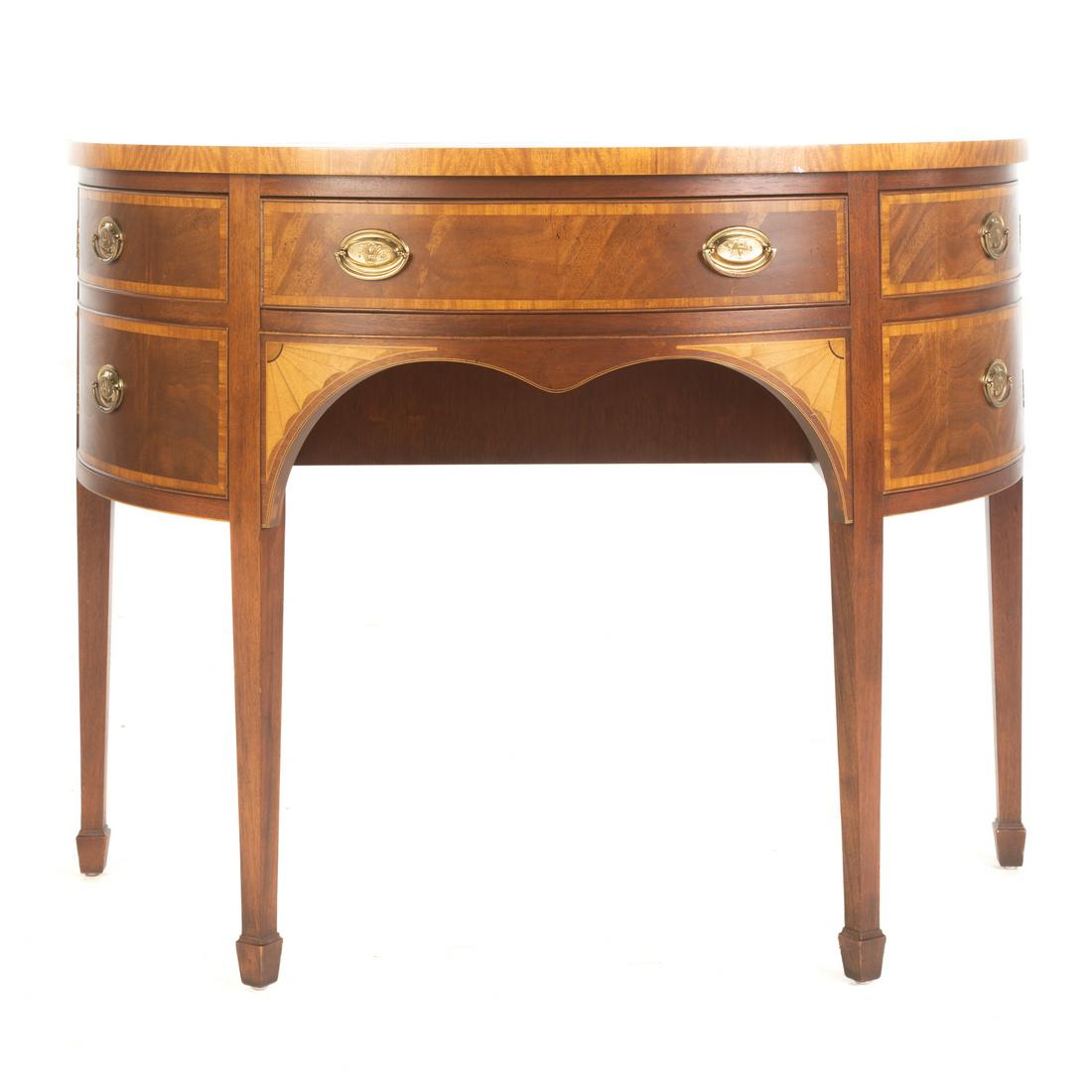 Baker Federal Style Inlaid Demilune Server: Banded mahogany with half fan and string inlay. 33.5 in. H., 45 in. W., 23 in. D.