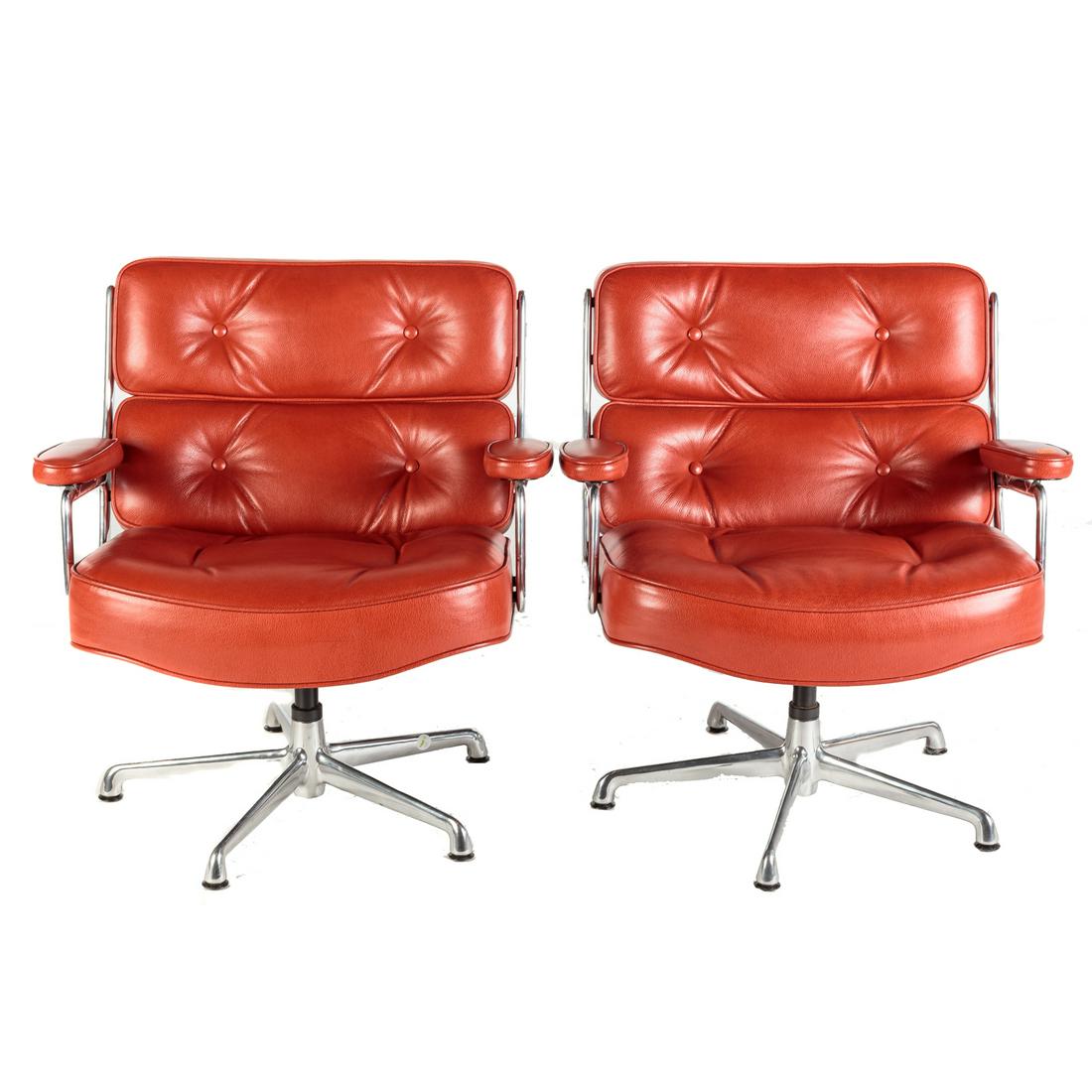 Pair of Charles & Ray Eames for ICF Swivel Chairs: Designed by Charles Eames (1907-1978) & Ray Eames (1912-1988) for ICF. These chairs were designed for the lobby of the Time Life building in Manhattan, leather cover seats, cast aluminum, enameled ste