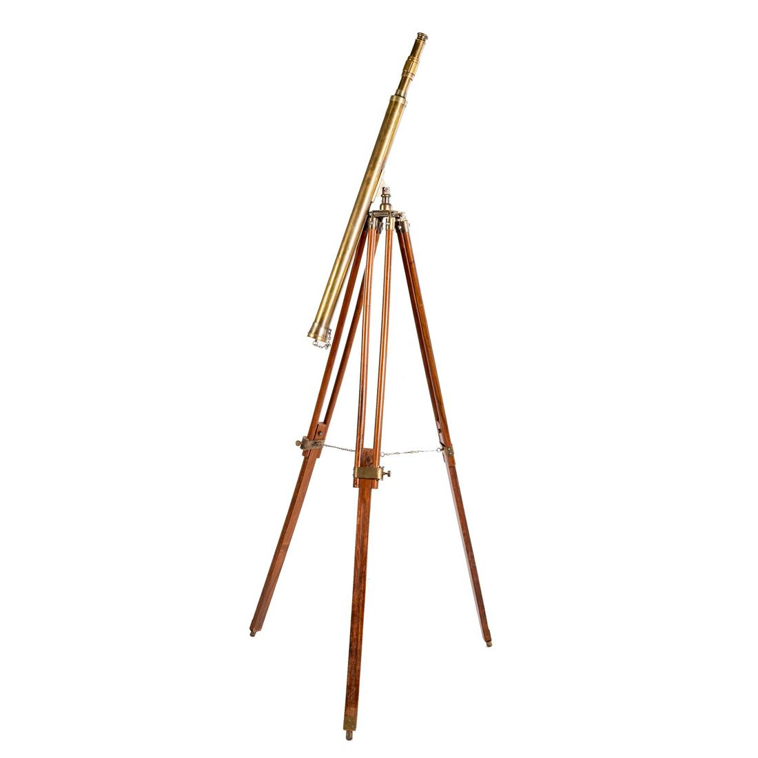 Victorian Brass Telescope with Tripod Stand: Second half-19th century; tubular brass telescope with brass lens cover, 38 in. L., mounted on a wood and brass tripod stand, 65 in. full height.