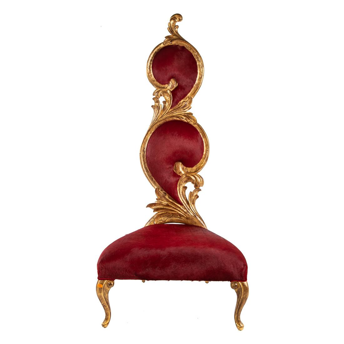 Baroque Style Giltwood Throne Chair: With dyed horse hair upholstery, having elaborate carved giltwood frame. 69 in. H., 30 in. W., 24 in. D.