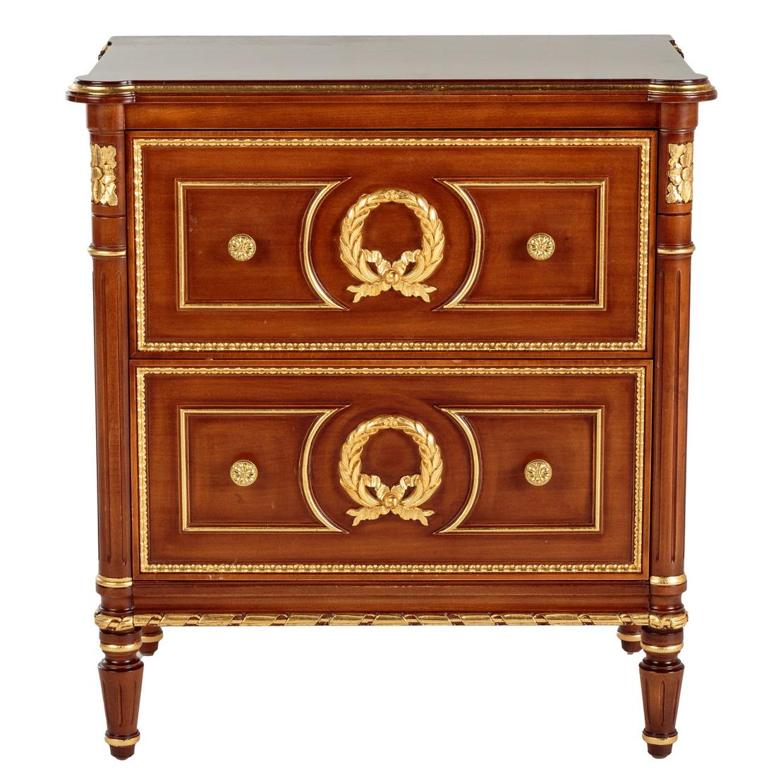 Louis XVI Style Mahogany Commode: Two- Drawer, with extensive gilt accents. 30 in. H., 26 in. W., 17 in. D.