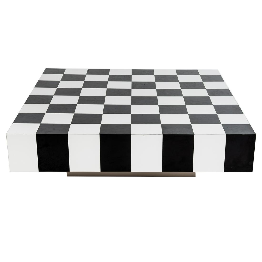 Modern Checkerboard Cocktail Table: Square two-tone veneered table, black and white plastic laminate coffee table with recessed plinth base. 14 in. H., 48 in. Sq.