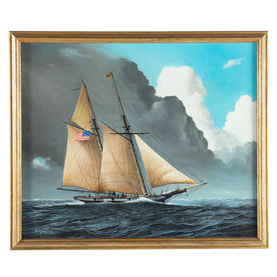 Thomas Stockett. "Racing the Storm," oil on canvas: (African American, 1924-2007). Signed and dated "T. Stockett, '80" ll, 20 x 24 in., framed.