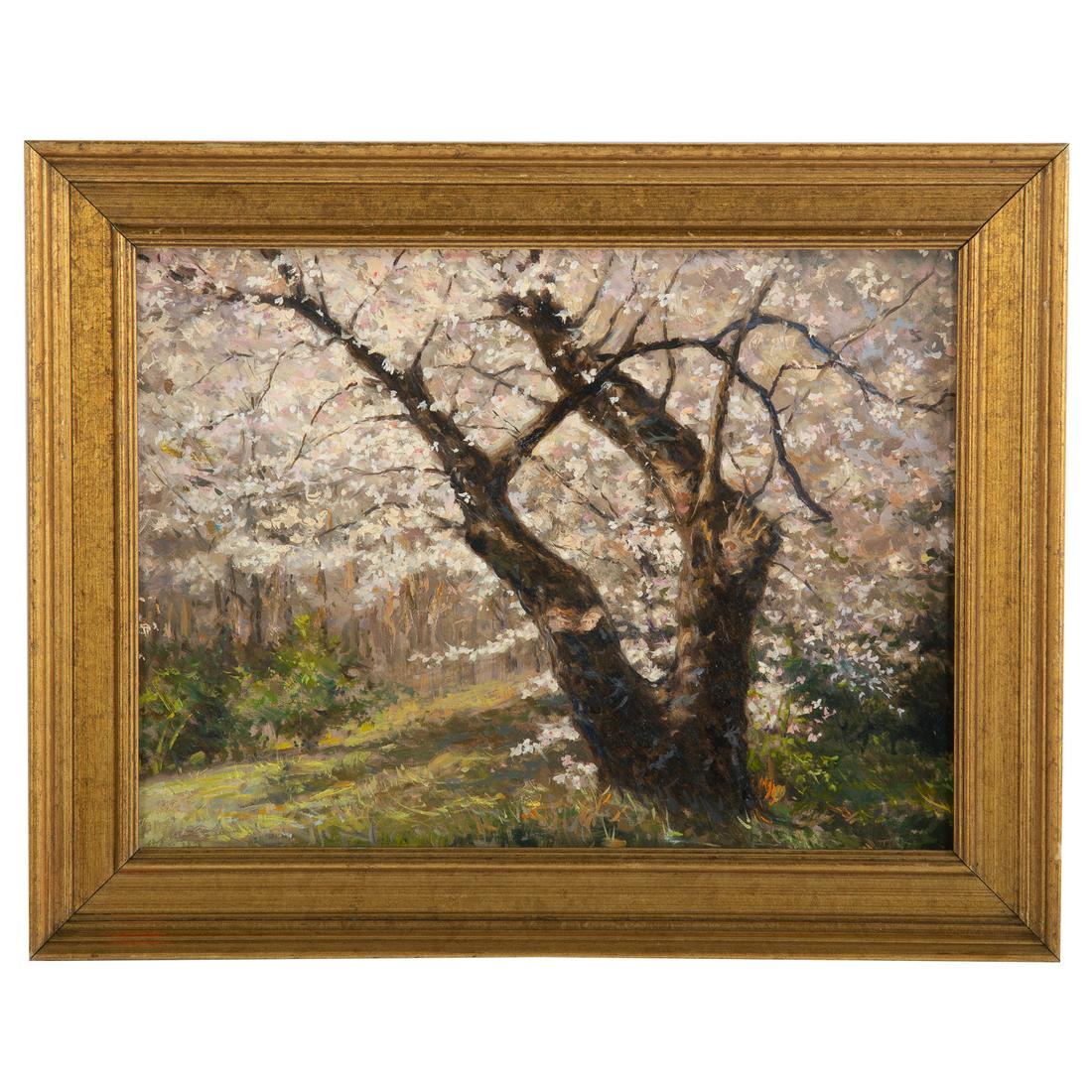 Nathaniel K. Gibbs. Cherry Blossoms, oil on panel: (American, 1948-2018). Oil on panel, unsigned, 12 x 16 in., framed. The Estate of artist, Nathaniel Kato Gibbs, Baltimore, MD.