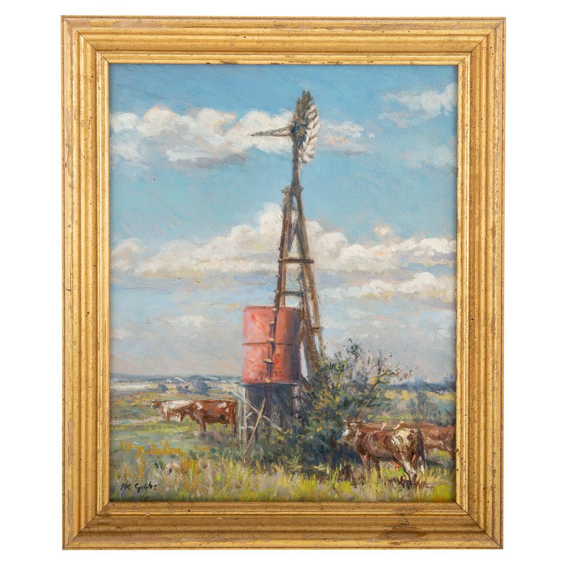 Nathaniel K. Gibbs. Weather Vane and Cows, oil: (American, 1948-2018). Oil on panel, signed "NK Gibbs" ll, 10 x 8 in., framed. The Estate of artist, Nathaniel Kato Gibbs, Baltimore, MD.