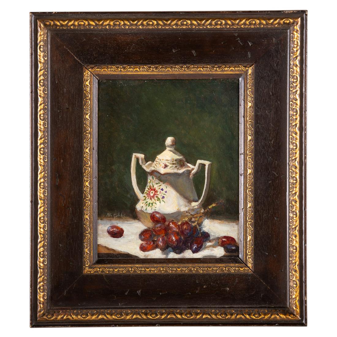 Nathaniel K. Gibbs. "Red Grapes #5," oil on panel: (American, 1948-2018). Oil on panel, signed "NK Gibbs" lc, identifying information on verso, 10 x 8 in., framed. The Estate of artist, Nathaniel Kato Gibbs, Baltimore, MD.