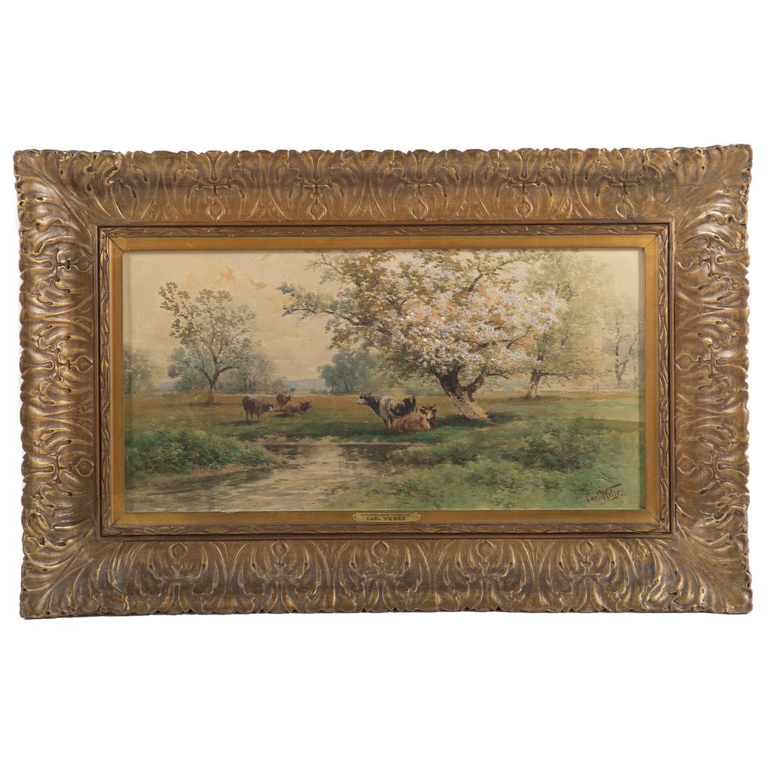 Carl Weber. "A Pennsylvania Spring Day," watercolor: (American, 1855-1935). Watercolor on paper, signed "Carl Weber" lr, sight size: 13 x 26 in., framed.