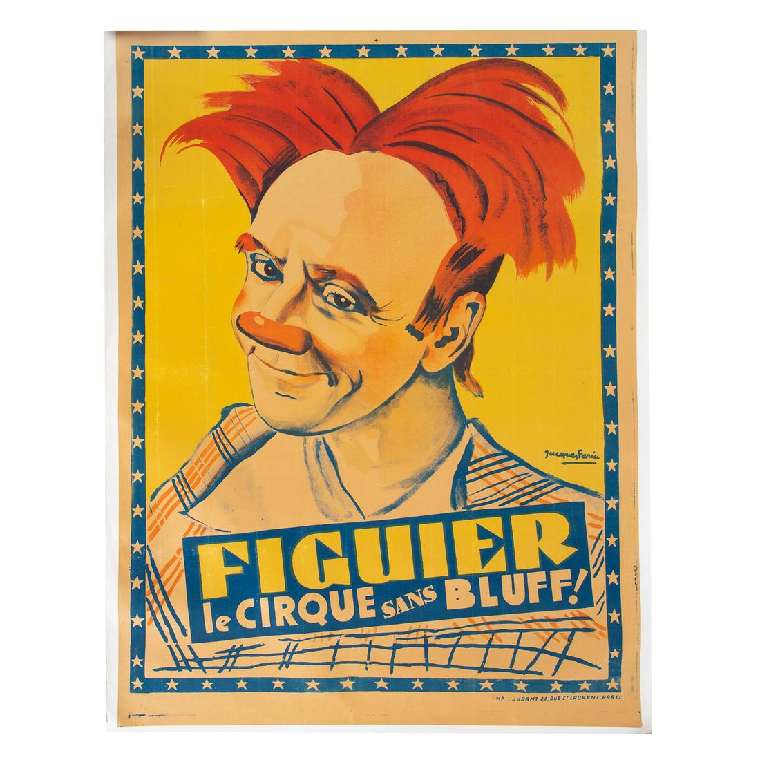 Jacques Faria. "Figuier Le Cirque Sans Bluff": c. 1920, lithograph on linen, 62 x 46 in., unframed. Private collection, Sykesville, MD.
