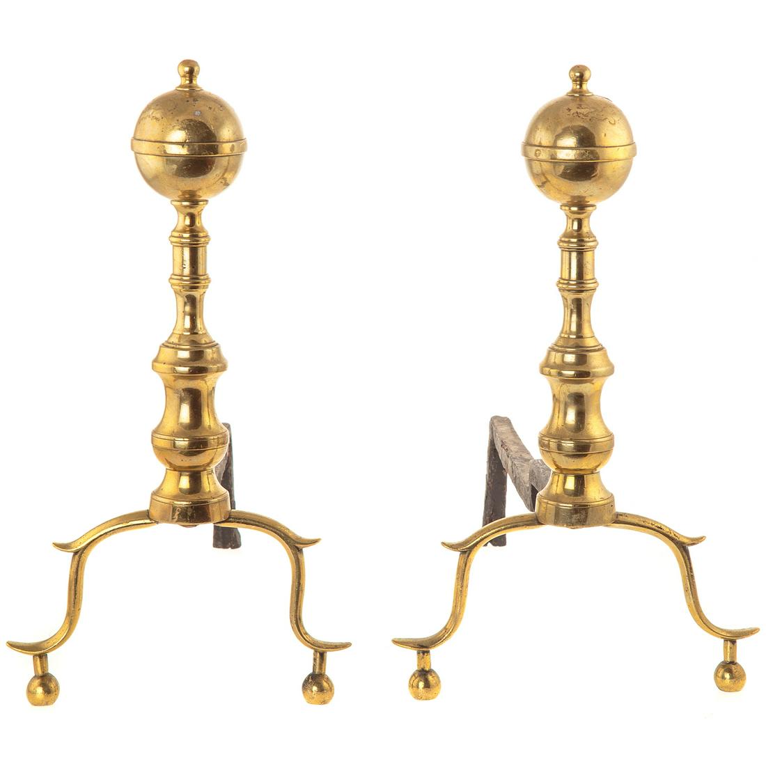 Pair of Federal Brass Cannonball Andirons: Circa 1800-15; with nipple tops and cast iron fire dogs, 15 in. H., 16 in. L.