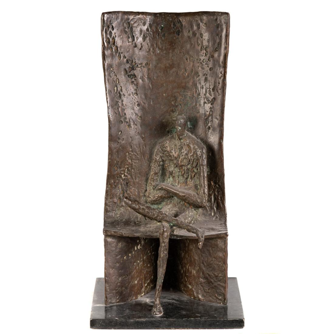 Helen Beling, Seated Man Bronze: (American, 1914-2001). Abstract bronze of man seated in very large chair, signed in monogram HB, 1/12, 22 in. H., mounted on marble base.