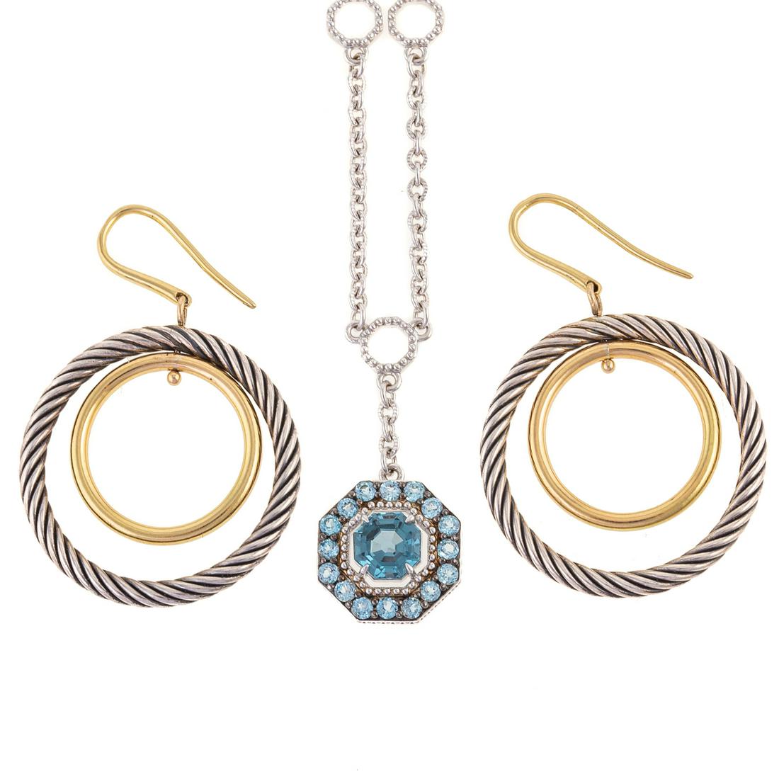 A David Yurman Style Pair of Hoops & Judith Ripka: 1) 18K and sterling silver David Yurman style hoop earrings, 2 in. L, French hooks, and 2) Judith Ripka blue crystal necklace, 16 in. L, lobster claw clasp, 21.1 grams tw