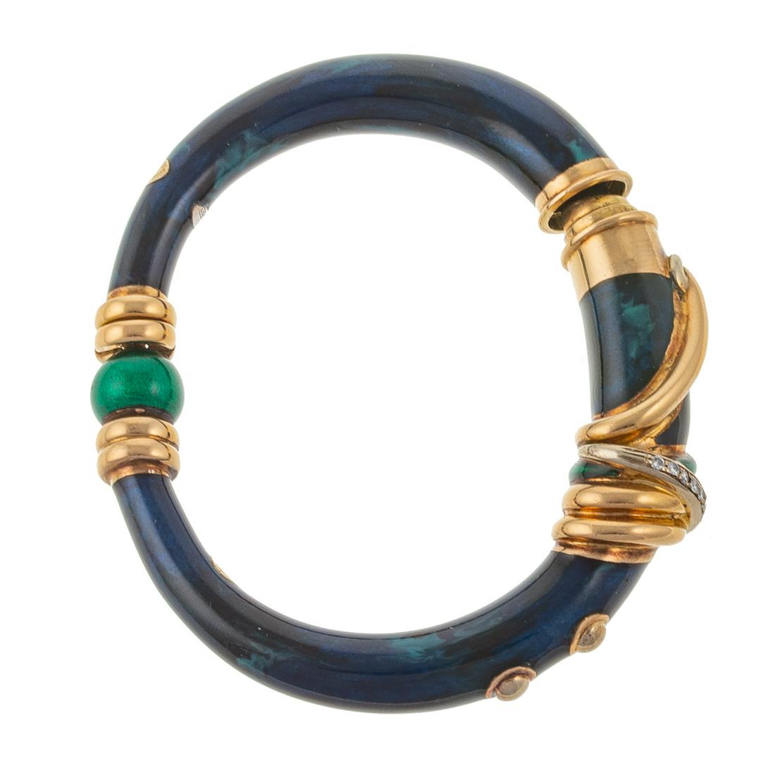 A La Nouvelle Bague 18K, Diamond & Enamel Bracelet: 18K yellow gold and sterling silver La Nouvelle Bague bracelet, made in Italy, featuring deep blue and green malachite style enamel with gold ribbon twist and round diamond accent, serial #782FI, 49.6