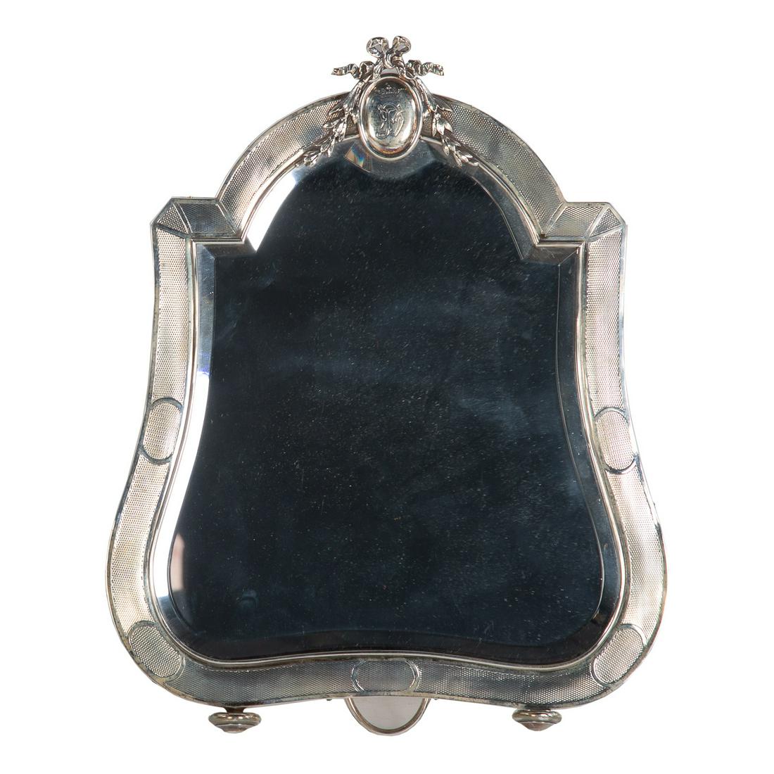 French Export Sterling Dressing Mirror: Mercury export mark, 950 sterling standard; cartouche shape, engine turned border, surmounted with ribbon-trimmed medallion with monogram, the reverse inscribed "Linda McRae Noe Laine, August 7, 1938,