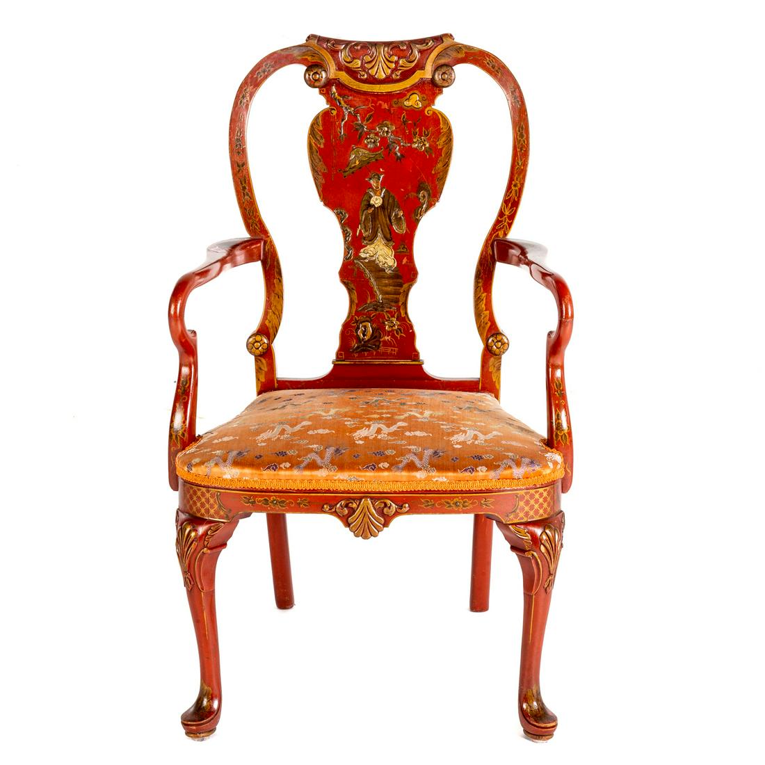Queen Anne Style Jappaned Arm Chair: 20th century; chair with raised decoration. 36 in. H., 22 in. W., 20 in. D. Estate of Linda McRae Noe Laine, heiress and philanthropist, Lake Tahoe, Nevada and Washington, DC.