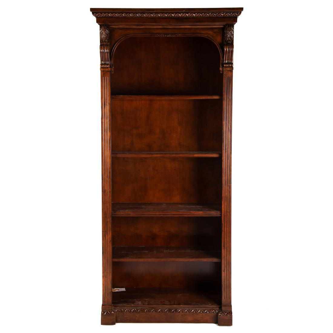 Hekman Classical Style Carved Wood Bookcase: With two adjustable shelves. 85 in. H., 40 in. W., 17.5 in. D. Estate of Linda McRae Noe Laine, heiress and philanthropist, Lake Tahoe, Nevada and Washington, DC.