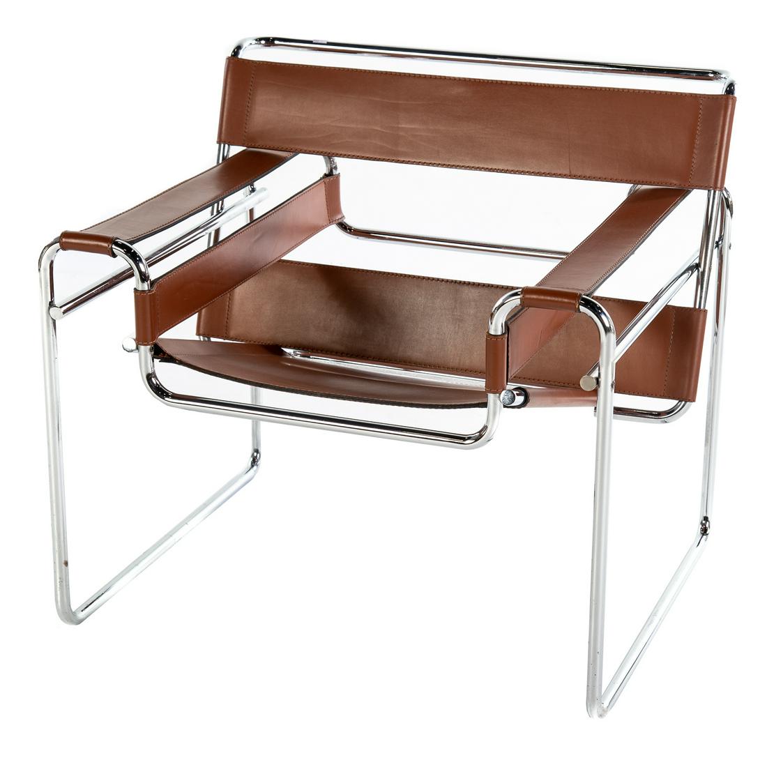 Contemporary Marcel Breuer Style Wassily Chair: Chrome tube frame with brown leather. 28 in. H., 31 in. W., 28 in. D.