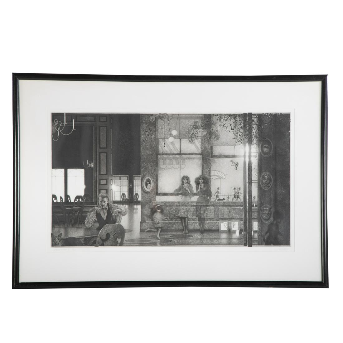 Peter Milton. "Family Reunion," etching: Peter Winslow Milton (American, b. 1930). Etching on paper, 1989, from the series "American Interiors I," ed. 75/175, pencil signed and dated "Peter Milton" lr, pencil titled lc, plate size: 20 x 35 1