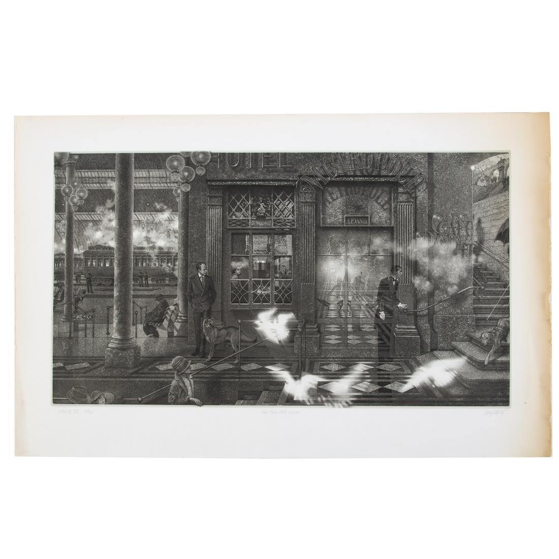 Peter Milton. "The Train from Munich," etching: Peter Winslow Milton (American, b. 1930). Etching, 1991, from the series "Interiors VII," ed. 102/175, pencil signed and dated "Peter Milton," lr, pencil titled lc, blind stamp ll, plate size: 20 x 35