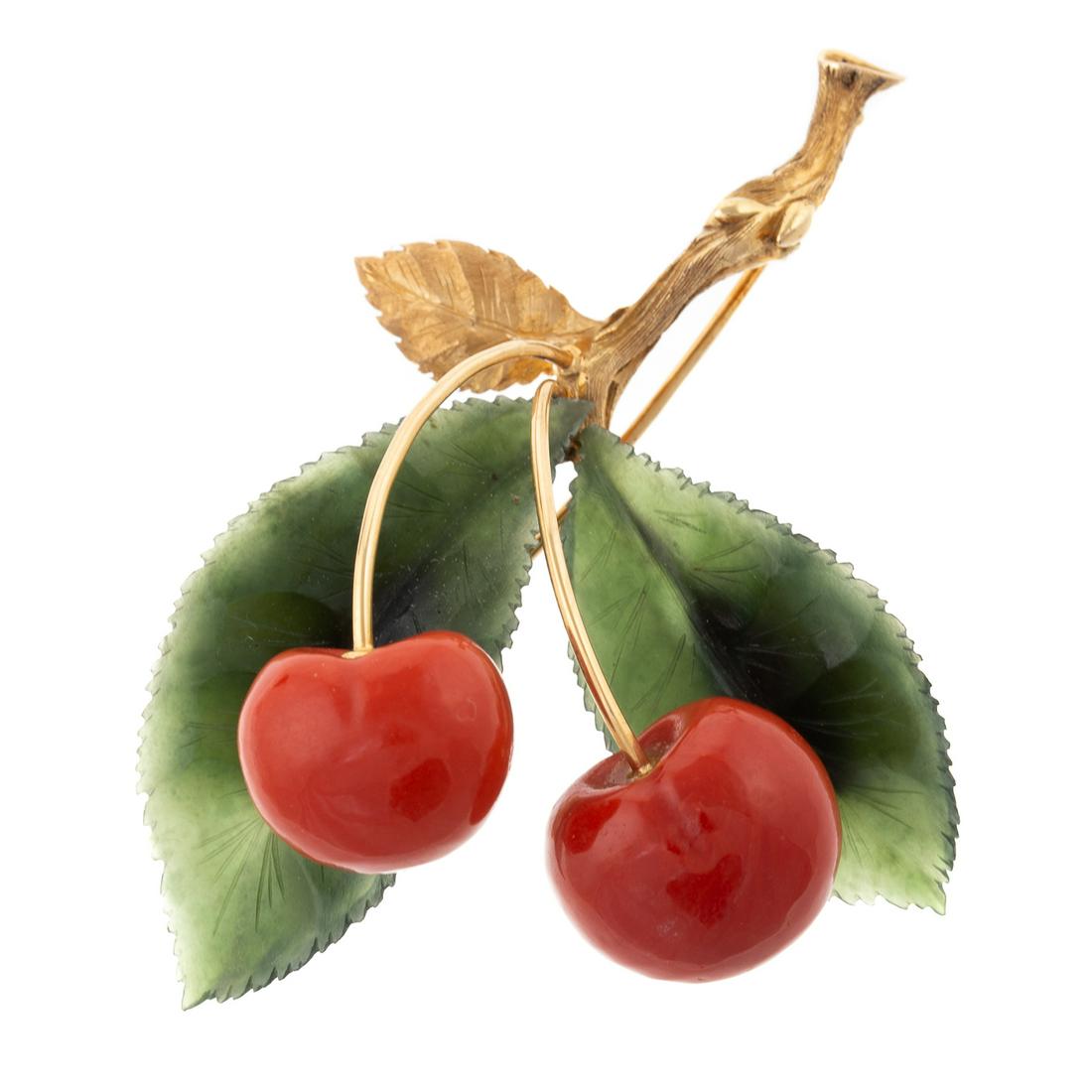 A Realistic Coral and Nephrite Cherry Brooch (1 of 3)