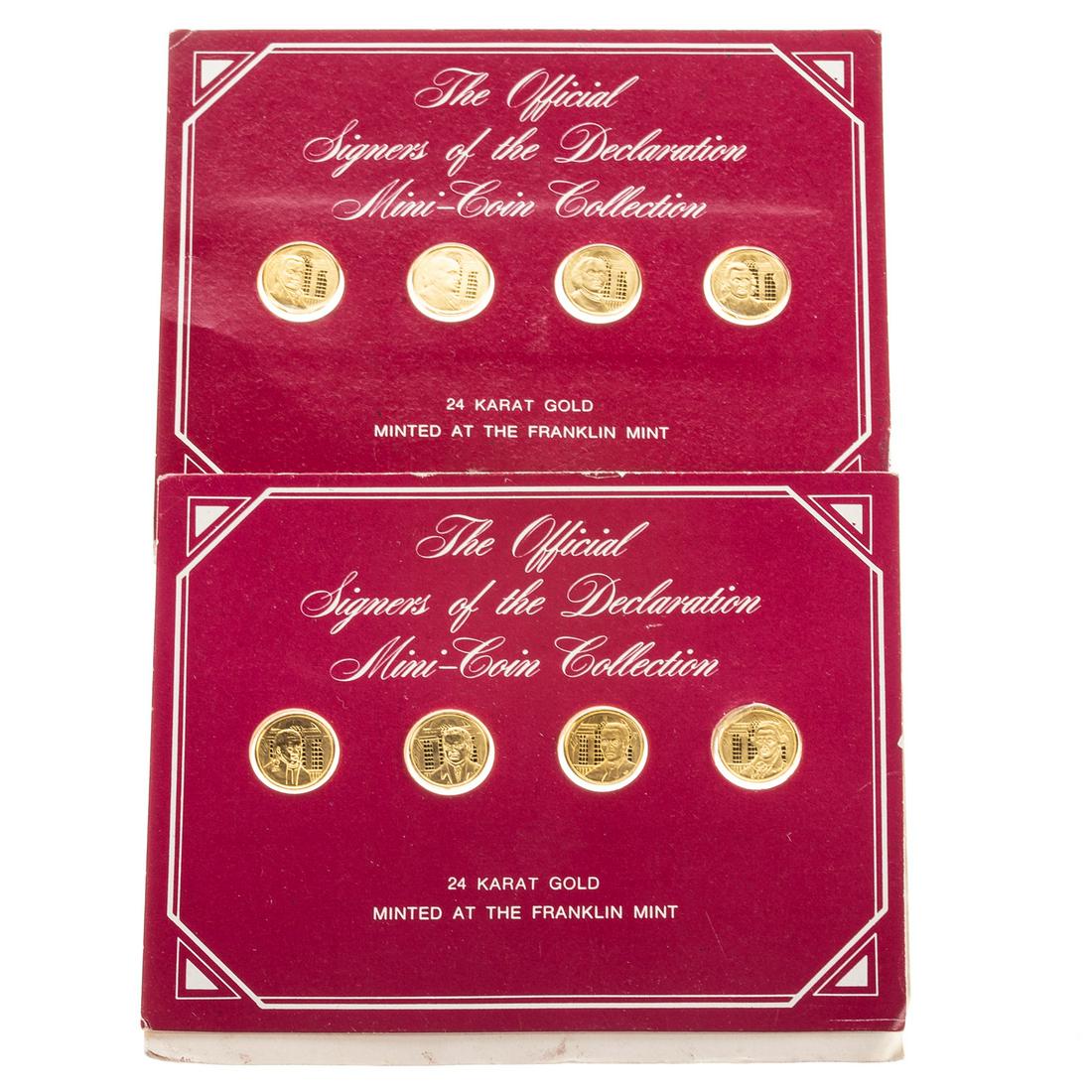 8-24K Franklin Mint Declaration Signers Mini Gold: These 8 coins are part of a 56 coin set of Franklin Mint Official Signers of the Declaration. Each coin is .999+ and 25 grains, so 200 grains or 12.9598 grams or .41667 troy ounces gold. Estate of Lin