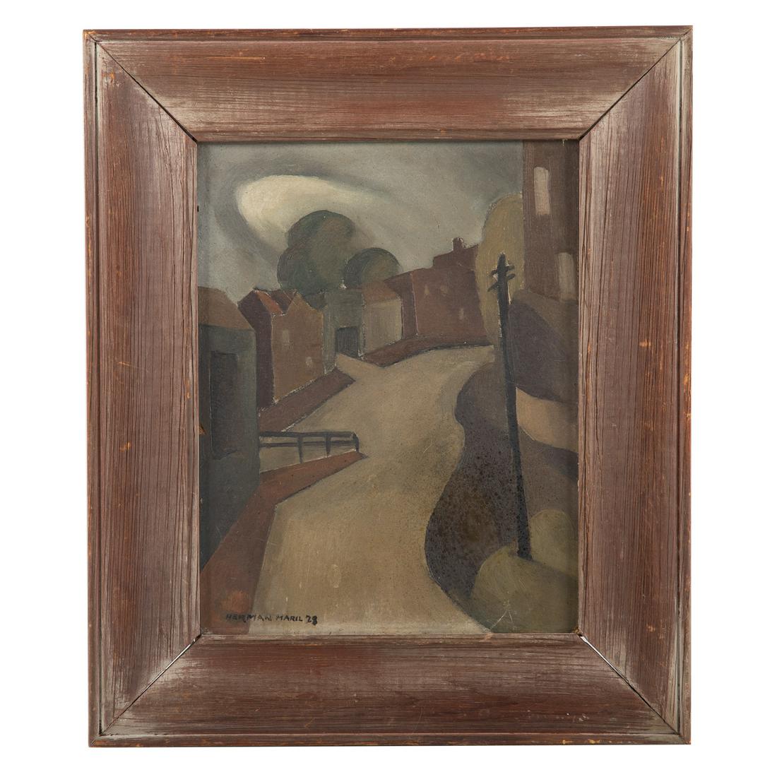 Herman Maril. "Main Street," oil on board: (American, 1908-1986). Oil on board, 1928, signed 'Herman Maril" ll, signed, titled and dated on verso, inscribed on verso "Study with limited pallet-carried out tonally, subject to be later carried o