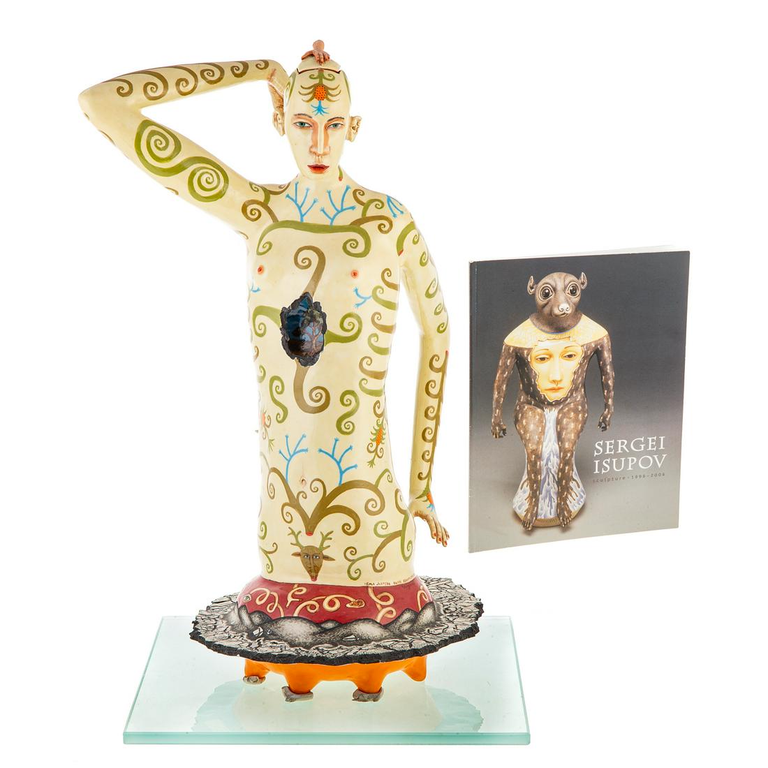 Sergei Isupov. Bark Lady with Anteater, ceramic: (Russian, b. 1963). Glazed ceramic sculpture, signed, 18 1/2 in., height, on glass base.