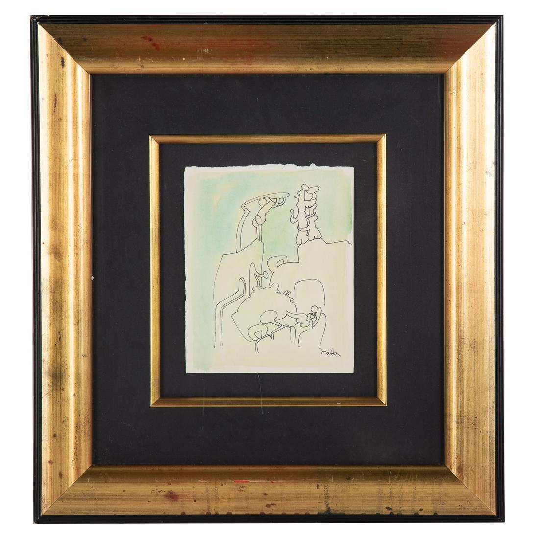 Roberto Matta. Untitled, ink and watercolor: (Chilean, 1911-2002). Pen and ink with watercolor on paper, signed "Matta" lr, sheet size: 8 1/2 x 6 3/4 in., framed.