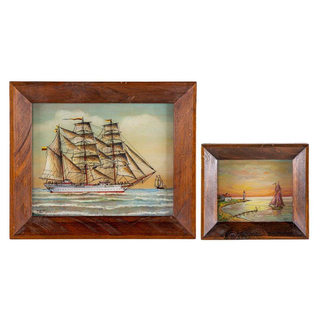 Milton Bond. Two Reverse Paintings on Glass: (American, 1918-2010). 1.) "Bark: 'Gloria'," signed and dated "M. Bond, 1976" ll, 8 x 10 in., framed 2.) Tranquil Cove, signed and dated "M. Bond, 1976" lr, 4 1/2 x 5 1/2 in., framed