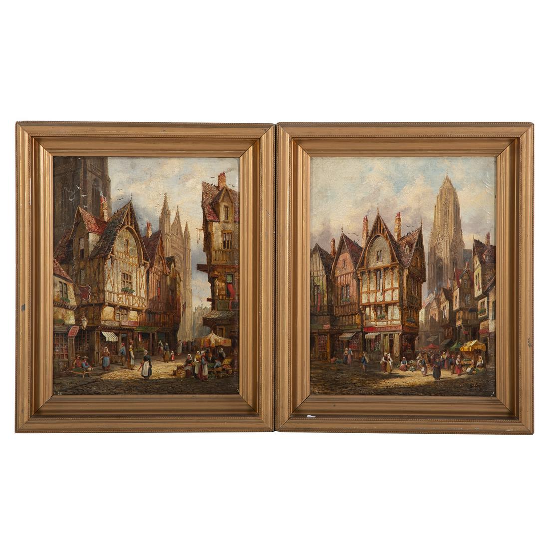 Henry Thomas Schafer. Pair of French Towns, oils: (British, 1815-1873). "Morlaix, Brittany" and "Lisieux, Normandy," pair of oils on canvas, each signed "H. Schafer" lr, each titled and signed on verso, each 18 x 14 in., both framed.