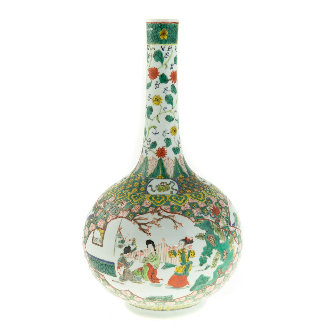 Chinese Export Famille Verte Long Neck Vase: Mid-19th century; garden scene vignettes with cherry blossom decoration, with pseudo Chien lung mark, 16 in. H.