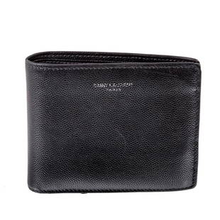 A Saint Laurent Bifold Wallet: A black leather Saint Laurent bifold wallet with silver tone hardware. Leather lining with snap coin compartment, bill and card slots. Includes box and dust bag. Measuring: 4.5 in. L, 4 in. H, .5 in.