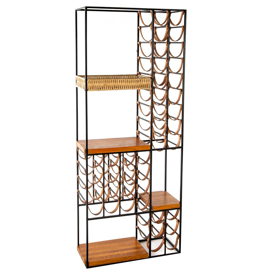 Arthur Umanoff Wine Rack: Mid-20th century, forged metal leather and wood rack with storage for 40 wine bottles. 66 in. H., 26 1/2 in. W., 11 in. D.
