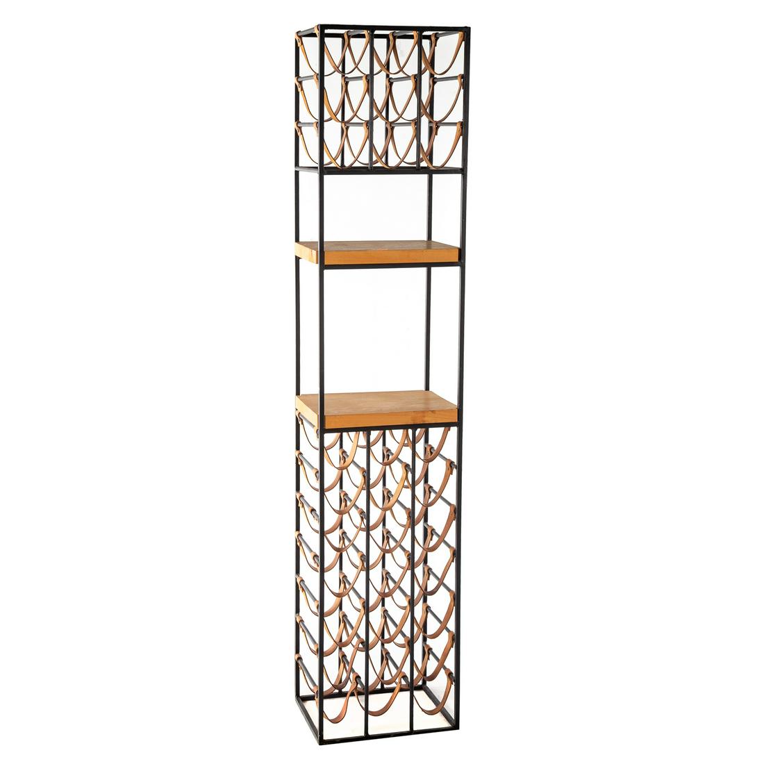 Arthur Umanoff Wine Rack: Mid-20th century, forged metal leather and wood rack with storage for 30 bottles. 66 in. H., 14 in. W., 10 1/2 in. D.