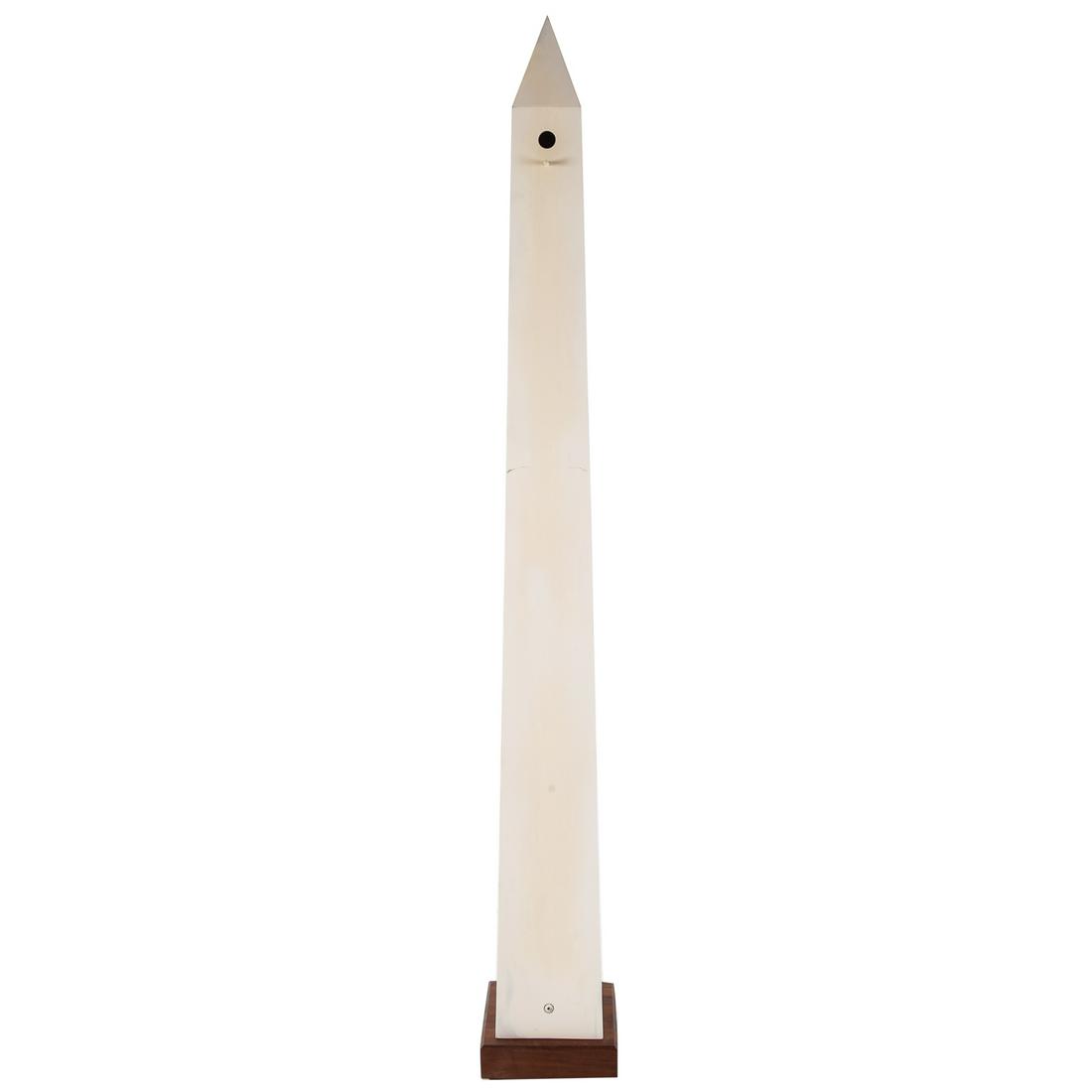 Post Modern Obelisk Bird House: Painted wood white obelisk on walnut base. 72 in. H., 10 in. Sq.