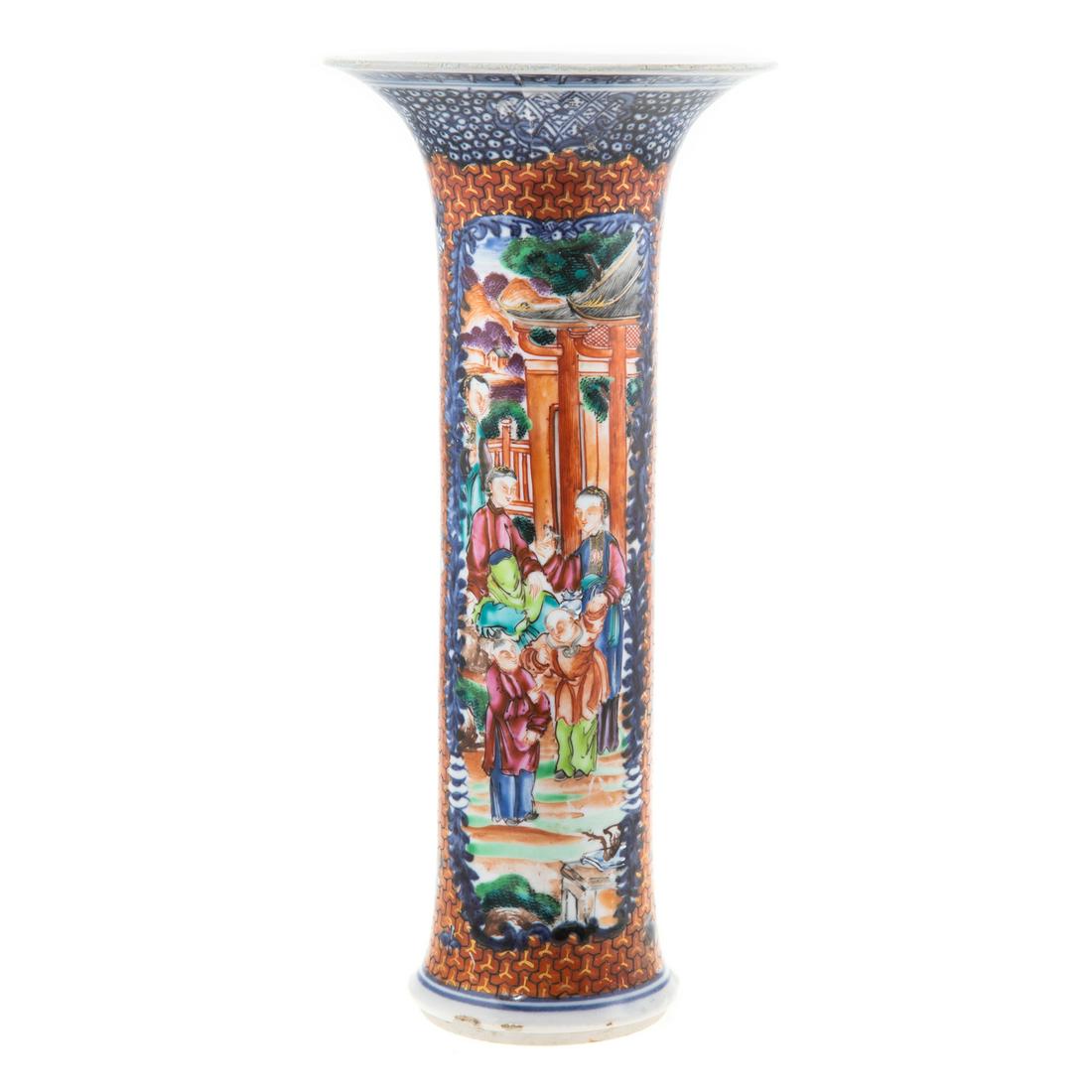 Chinese Export Mandarin Palette Trumpet Vase: Circa 1775; cross hatch border and over glazed enamel court scenes, 9 1/2 in. H., 4 1/2 in. Diam. Estate of Linda McRae Noe Laine, heiress and philanthropist, Lake Tahoe, Nevada and Washington, DC.